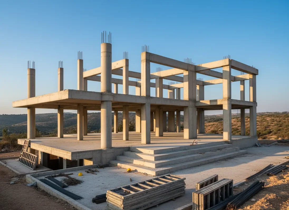 שלד בטון של הוילה בשלב הבנייה