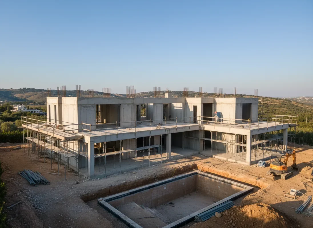 שלד הבית המוגמר עם שלד הבריכה