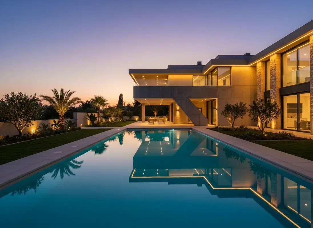 תמונת ערב של הוילה המוגמרת עם תאורה