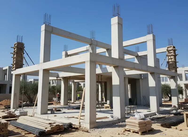 רגע מבני בבניית וילה - עמודים וקורות בטון