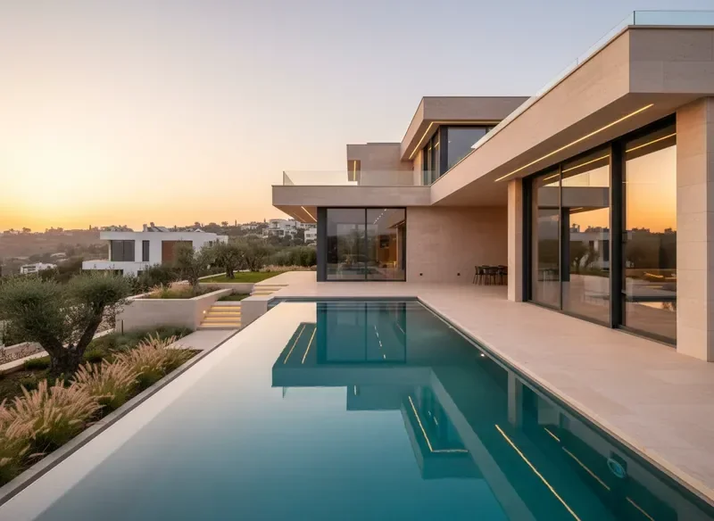 חזית וילה יוקרתית עם גינה מעוצבת